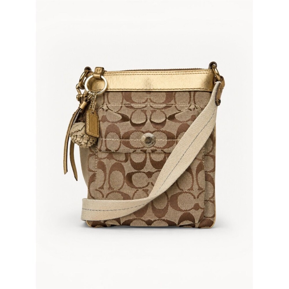 Coach Signature Jacquard Crossbody Bag Khaki Brown Gold Leather Trim Y2K Vintage